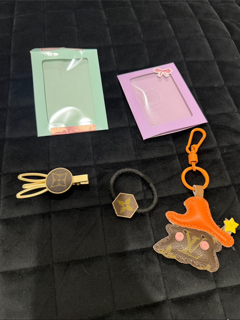 Orange Star-Hat Charm Keychain with Brown Monogram Hair Clips